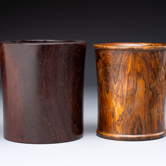 Two Chinese hardwooden brush pots, 20th C.