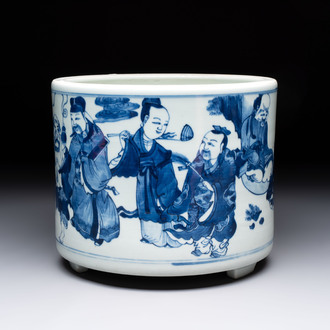 A large Chinese blue and white 'Ba Xian Zhu Shou 八仙祝壽‘ tripod censer, 19th C.