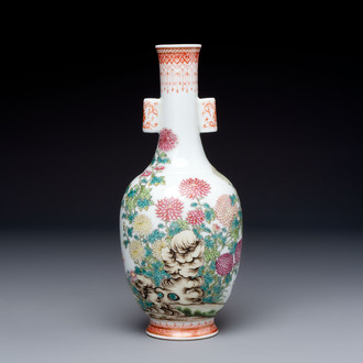 A Chinese famille rose ‘Chrysanthemums’ arrow vase, Yongzheng mark, 20th C.