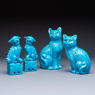 A pair of Chinese turquoise-glazed cats and a pair of Buddhist lions, 20th C.