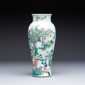 A Chinese famille verte 'Guanyin Zun' vase with narrative design, 19/20th C.