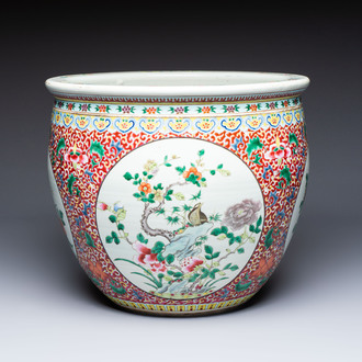 A large Chinese famille rose 'Bird among Flowering Branches' scroll pot, 19th C.