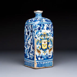 A polychrome Italian maiolica armorial square bottle, Savona, Italy, 17th C.
