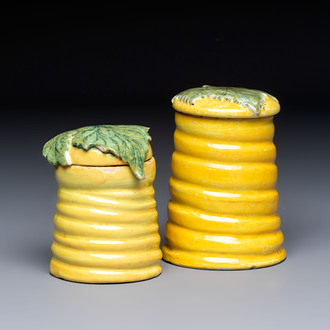 Two rare polychrome Dutch Delft honey pots and covers, 18th C.