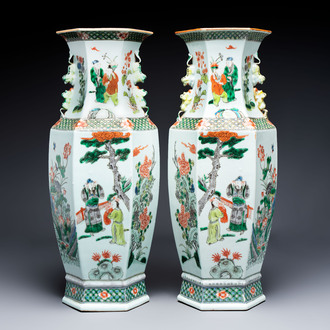 A pair of large Chinese famille verte hexagonal 'Si Ai Tu 四愛圖' vases, 19th C.