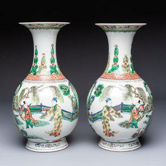 A pair of Chinese famille verte vases with narrative design, 19th C.