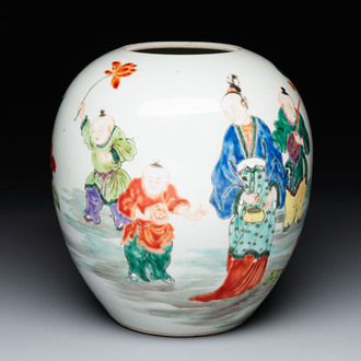 A Chinese famille rose 'Ladies and Boys' jar, Yongzheng/Qianlong