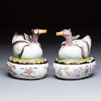A pair of rare polychrome Dutch Delft duck-form tureens and covers, 18th C.