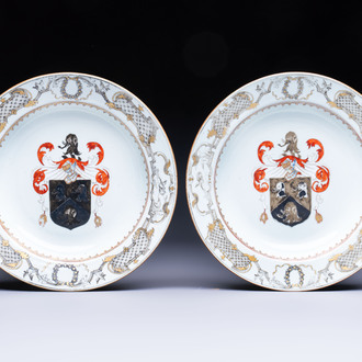 A pair of Chinese armorial soup plates with the arms of Saunders for the English market, Qianlong, ca. 1745