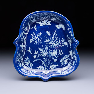 An extremely rare Dutch Delft 'Persian Blue' shield-shaped condiment dish, late 17th C.