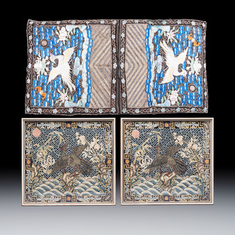 A pair of Chinese embroidered silk 'Civil Ninth-Rank' badges and a pair of kesi 'Civil Fifth-Rank' badges, Qing