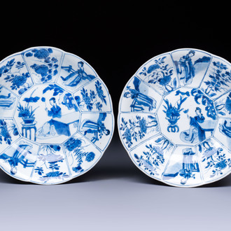 A pair of Chinese blue and white flower-shaped 'Long Eliza' plates, Kangxi