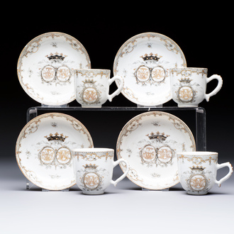 Four sets of Chinese export grisaille and gilt-decorated handled cups and saucers with crowned monograms, Qianlong