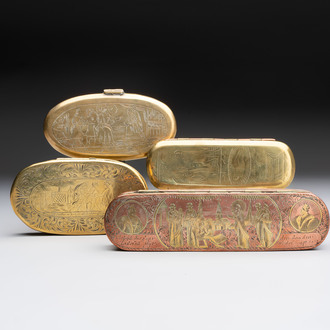 A group of four copper and brass engraved tobacco boxes, The Netherlands, 18th C.
