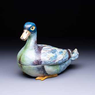 A polychrome French faience duck-form tureen and cover, possibly Bordeaux, 18th C.