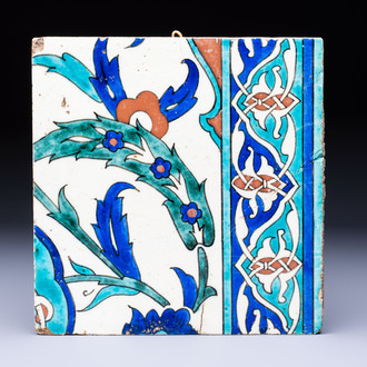 A square polychrome Iznik 'Saz Leaf' tile, Turkey, 19th C.