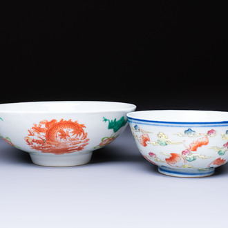 A Chinese famille rose 'Dragons' bowl and a 'Bats and Clouds' bowl, Tongzhi and Guangxu mark, 19th C.