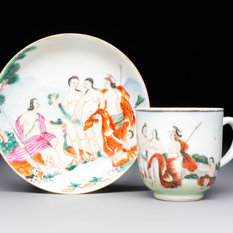 A Chinese famille rose 'Judgement of Paris' cup and saucer, Qianlong