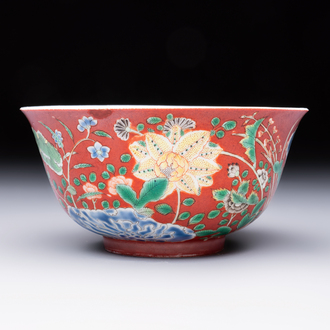 A Chinese falancai coral-red-ground bowl, Yongzheng mark, 18/19th C.