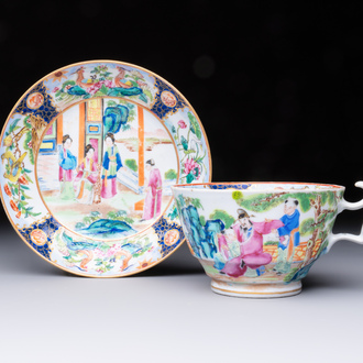 A highly unusual Chinese Canton famille rose cup and saucer, 19th C.