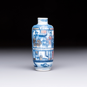 A fine Chinese blue, white and copper-red 'Yu Lou Fu Zhao 玉樓赴召' snuff bottle, 19th C.