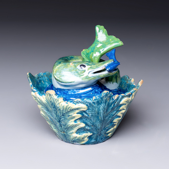 A rare polychrome Dutch Delft 'Pike' tureen and cover, 18th C.