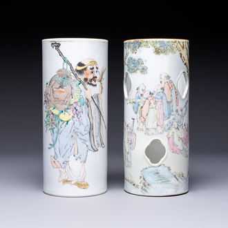 A fine Chinese qianjiang cai 'Tie Guaili' hat stand, signed Yu Huanwen 余煥文, Guanyao mark, dated 1893 and a 'Sages' hat stand, Tongzhi mark, 19th C.