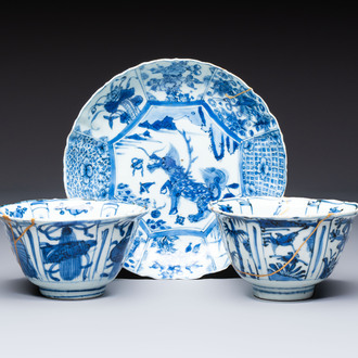 Two Chinese blue and white bowls and a 'Qilin' plate, Wanli/Transitional period