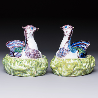 A pair of polychrome Dutch Delft 'Lapwings' tureens and covers, 18th C.