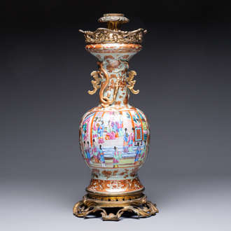A gilt-bronze-mounted Chinese Canton famille rose celadon-ground vase, 19th C.