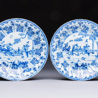 A pair of Chinese blue and white moulded dishes with dancing ladies, Kangxi