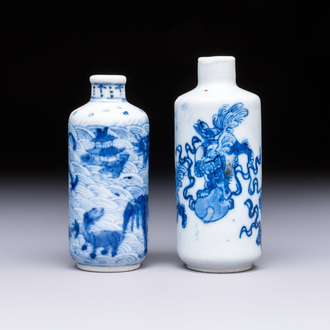 A Chinese blue and white 'Mythical Animals' snuff bottle and a 'Buddhist Lions' snuff bottle, 19th C.
