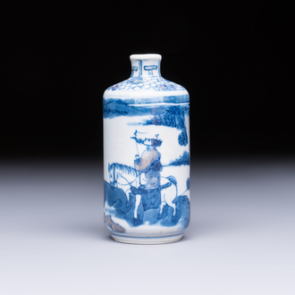 A fine Chinese blue, white and copper-red 'Tong Zi Zhi Lu 童子指路' snuff bottle, Yongzheng mark, 19th C.