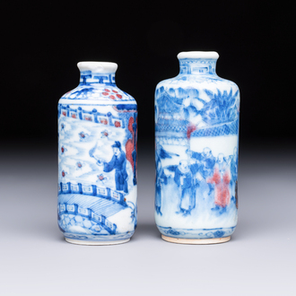 Two Chinese blue, white and copper-red snuff bottles with narrative design, Yongzheng and flower mark, 19th C.