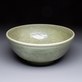 A large Chinese Longquan celadon 'Floral' bowl, Ming