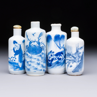 Four Chinese blue and white snuff bottles, 19th C.