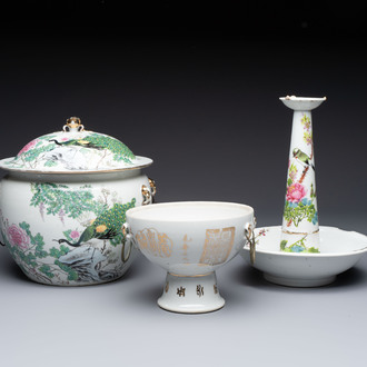 A Chinese famille rose 'Peacock' covered bowl, a candlestick and a stembowl, Guangxu mark and of the period, 19/20th C.