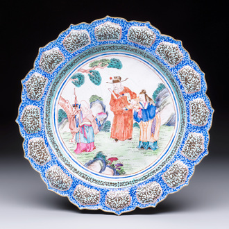 A Chinese Canton enamel flower-shaped 'Three Star Gods' plate, Qianlong