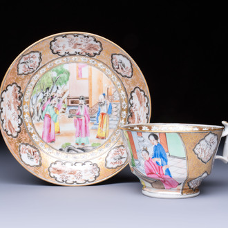 A Chinese Canton famille rose 'Rockefeller Pattern' cup and saucer, 19th C.