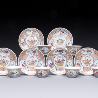Six Chinese famille rose gilt-decorated 'Flower Basket' cups and saucers, Yongzheng/Qianlong