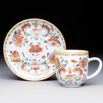 A Chinese famille rose 'Madame de Pompadour' cup and saucer, Qianlong, ca. 1745