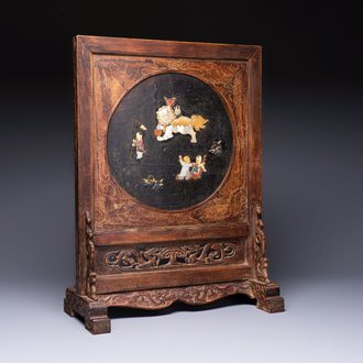 A Chinese huali and lacquer table screen embellished with stones and mother-of-pearl, Yongzheng mark, dated 1727, probably later