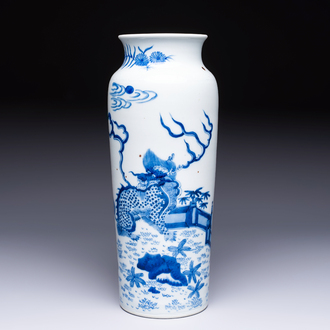 A rare Chinese blue and white 'Qilin' sleeve vase, 19th C.