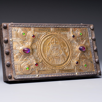 Attributed to Alfred Daguet (Paris, 1875-1942): A Gothic Revival cabochon-mounted repoussé brass and wrought iron casket, France, ca. 1900