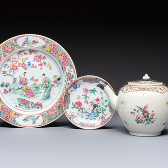 A Chinese famille rose 'Xi Xiang Ji' plate, a 'Rooster' saucer, and a 'Lowestoft' covered teapot, Yongzheng/Qianlong