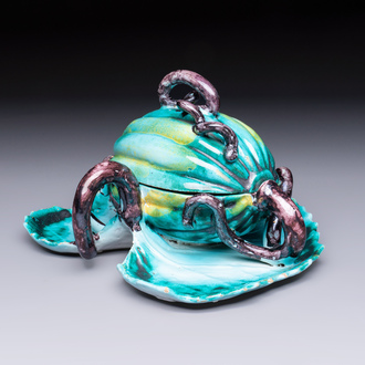 A very rare Brussels faience melon-shaped tureen and cover on stand, 18th C.