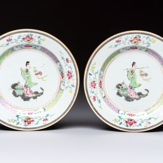 A pair of Chinese famille rose 'Magu' plates, Yongzheng/Qianlong