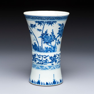 A Chinese blue and white 'Gu' vase with birds among flowering branches, Jiajing mark, 19th C.