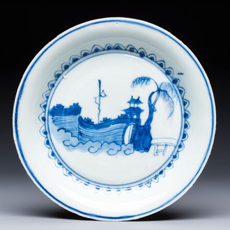 A Chinese blue and white Ko-Sometsuke 'Pavilion' plate for the Japanese market, Tianqi