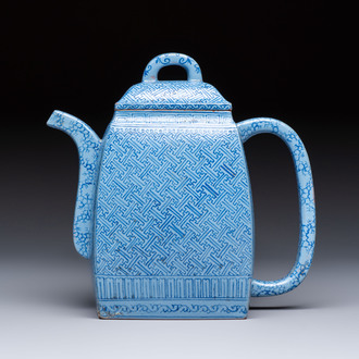 A Chinese blue-enamelled Yixing stoneware teapot, Jinxi Epu 荊溪萼圃監製 mark, 18/19th C.